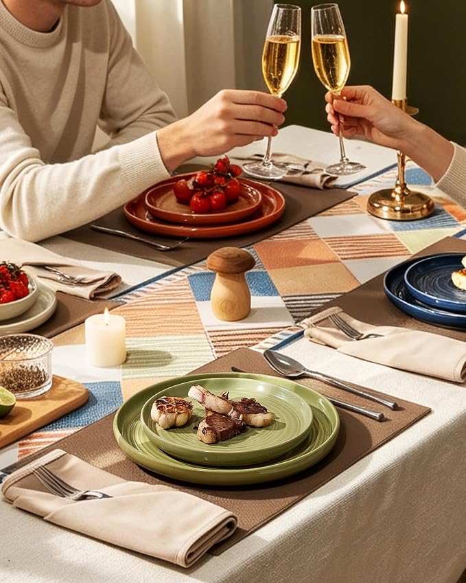 12-Piece Stoneware Dinnerware Sets for 4 - Farmhouse Coupe Plates and Bowls with Speckles & Spirals - Chip & Scratch Resistant, Microwave & Dishwasher Safe - Multicolor, Earthy Tones