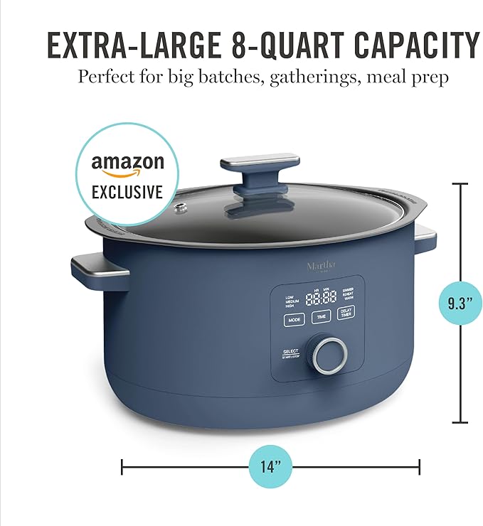 Martha Stewart 8 QT Slow Cooker, Programmable with Timer, 3 Heat Settings (Low, High, Warm), Nonstick Ceramic Removable Crock, Stovetop & Oven Safe, Glass Lid, Simmer, Reheat, Warm, Indigo