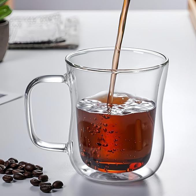 Double Wall Glass Teacups and Coffee Mugs Set, Clear, 8.5oz, 2 Pack | Waisted Style Tumblers With Saucer and Spoon, For Cappuccino, Latte, Hot and Cold Drinks