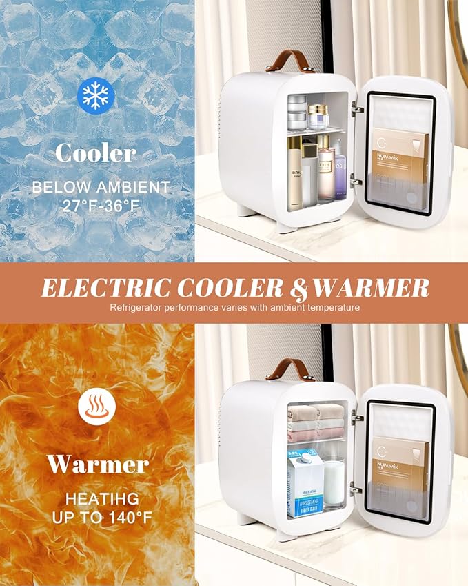 Mini Fridge for Bedroom, 4 Liter/6 Can Skincare Fridge With LED Mirror & Leather Carrying Handle,12v AC/DC Cooler & Warmer Portable Small Refrigerator for Drinks, Makeup, Dorm, Office and Car(White)