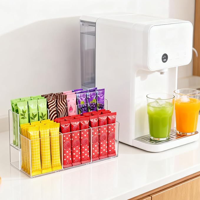 2 Pcs Drink Packet Organizer, 2-Tier Acrylic Drink Packet Organizer for Water Flavor Hydration Powdered Mixes Pantry Cabinet Counterto Kitchen Storage Holder Container
