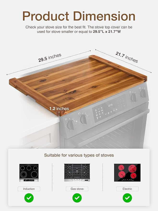 TIDITA Acacia Wooden Stove Top Cover - 29.5x21.7 Noodle Board Stove Cover - Stove Top Cover For Gas Stove, Electric Stove/Countertop - Gas Stove Cover Board with Recessed Handles, No Assembly Required