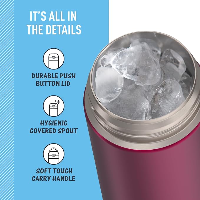 THERMOS FUNTAINER 16 Ounce Stainless Steel Vacuum Insulated Bottle with Wide Spout Lid, Dark Pink