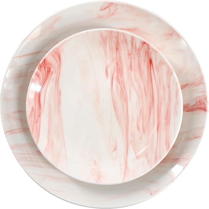 Elama Fine Marble 16 Piece Porcelain Dinnerware Set, Tableware Set, Everyday Dining, Service for 4 (Red)