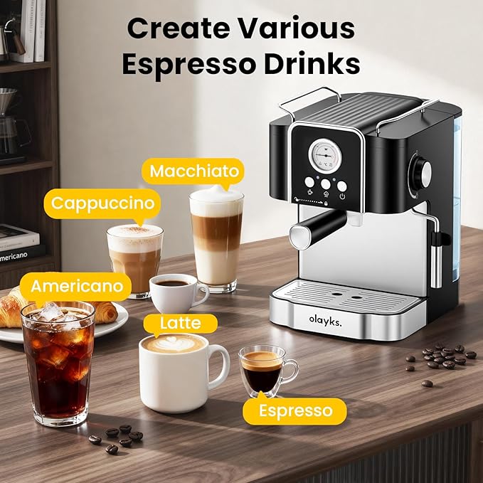 Professional 20-Bar Espresso Coffee Maker, Semi-Automatic with Steam Wand Milk Frother, All-in-One Machine with 1.8L Removable Tank for Latte Cappuccino, Easy Clean