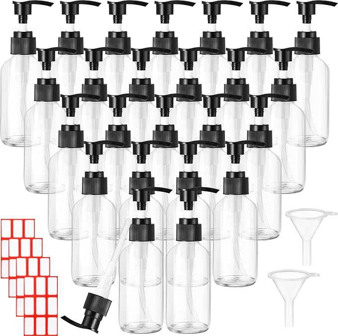 Tanlade Glass Pump Bottle Dispenser 4 oz Travel Bottles with Pump Refillable Glass Containers for Toiletries Lotion Liquid Soap Shampoo Essential Oils Cosmetic Travel Accessories(Clear,24 Pcs)