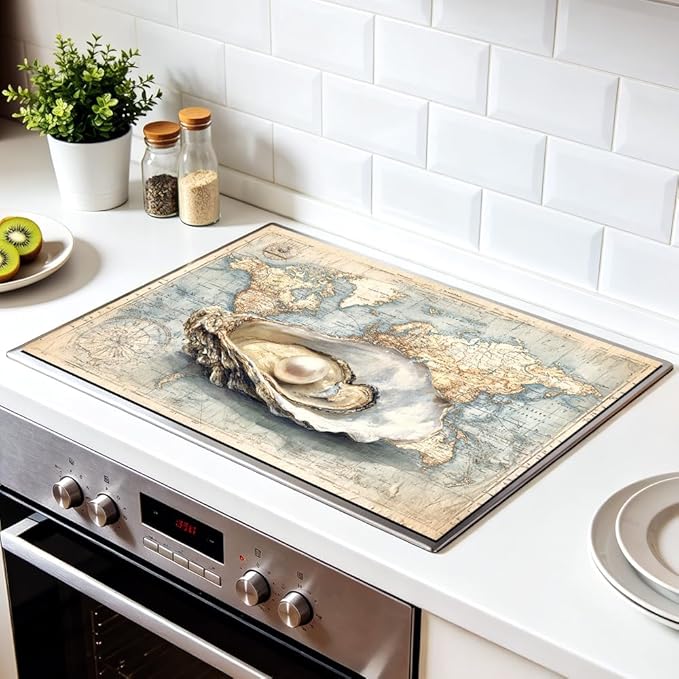 Stove Top Cover for Electric Stove 28.4 x 20.5 Inch Non Slip Stove Mat Oil Proof World Map Oyster Glass Cooktop Protector Kitchen Mat