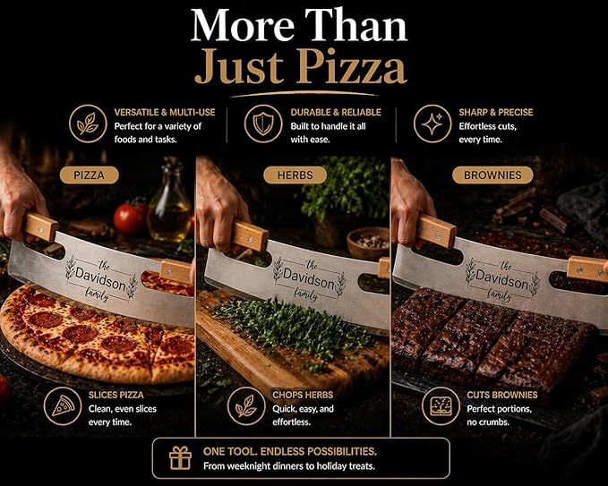 Personalized Pizza Cutter Rocker Knife 14” – No Dragging, Clean Cuts Every Time, Heavy Duty Stainless Steel Blade with Wood Handles, Professional Mezzaluna Pizza Slicer