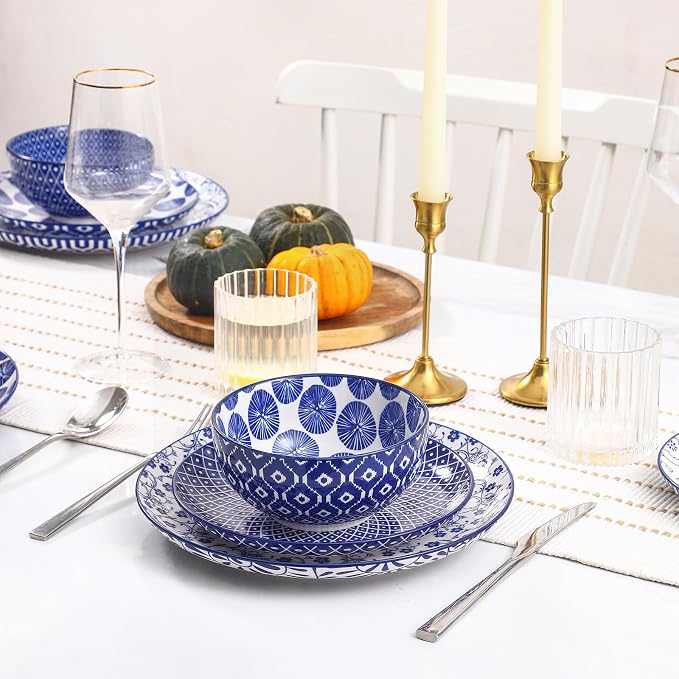 Selamica Ceramic Plates and Bowls Sets,12 Pieces Dinnerware Sets for 4,Scratch Resistant Dish Set,Dishwasher & Microwave Safe, Vintage Blue