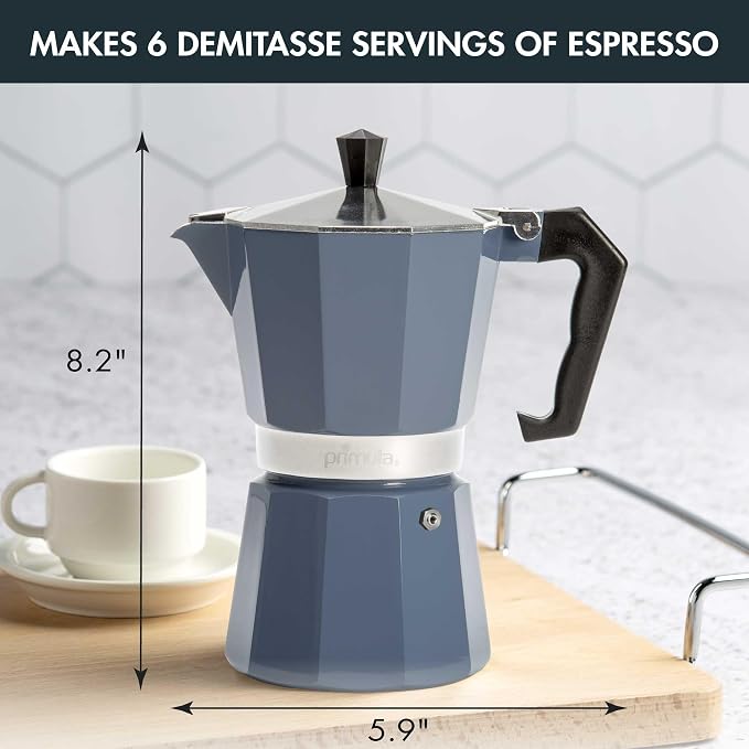 Primula Classic Moka Pot Stovetop Espresso and Coffee Maker, Italian and Cuban Cafetera for Rich Espresso Brewing, Durable Aluminum Greca Coffee Maker with Easy Grip Handle, 6-Cup, Blue