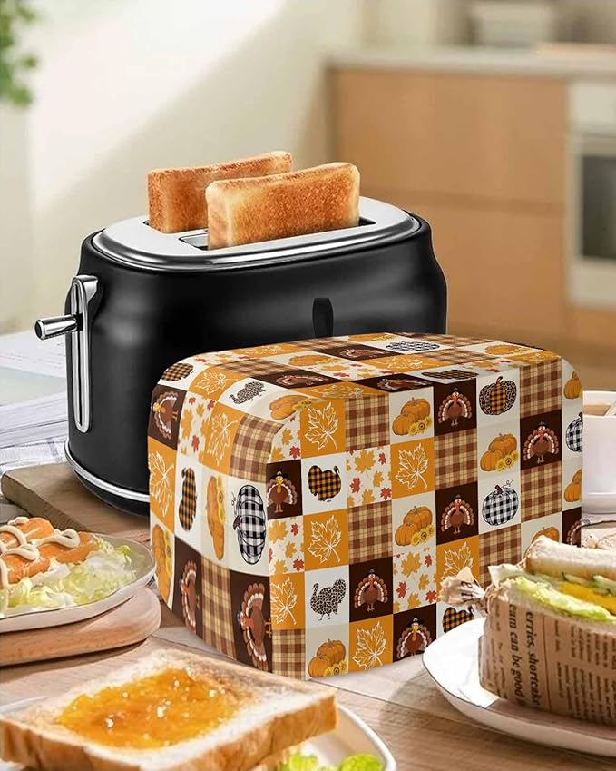 Orange Plaid Fall Toaster Cover 2 Slice, Thanksgiving Pumpkins Turkey Dustproof Bakeware Oven Protector with Top Hook, Maple Leaf Waterproof Small Kitchen Appliance Toasters Dust Cover, 11"x6"x8"