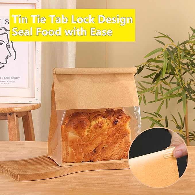 Heavy Duty Large Paper Bread Bags with Tin Tie Tab Lock 100pcs, Loaf Bag with Clear Front Window, Storage Packaging Treat Bag for Bakery Cafe Homemade Bread 10.6” × 4.3” × 8.7”