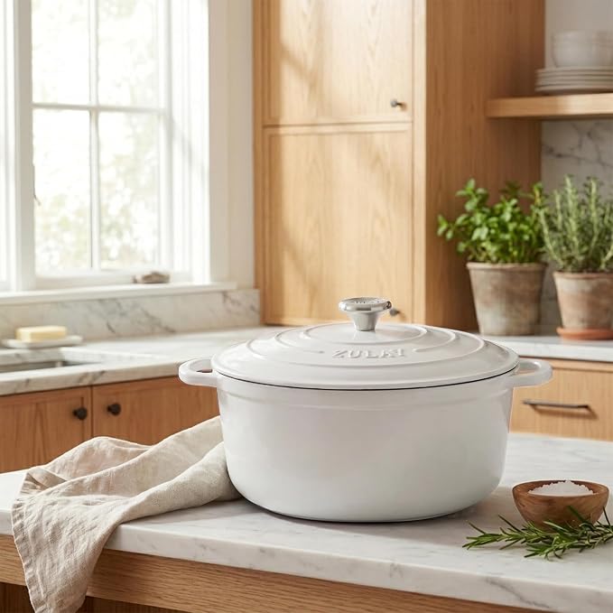 Zulay Kitchen 6.4QT Enameled Cast Iron Dutch Oven Pot with Lid, Heavy-Duty Soup Pot for Stews, Braising, Roasting & Sourdough Bread Baking, Oven Safe up to 500°F - White