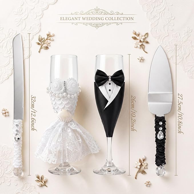 Boao Pearl Wedding Champagne Flutes and Cake Knife Server Set of 4, Champagne Flutes Toasting Glasses with Pearls for Bride and Groom Engagement Anniversary Bridal Shower Gifts (Stylish,Black White)