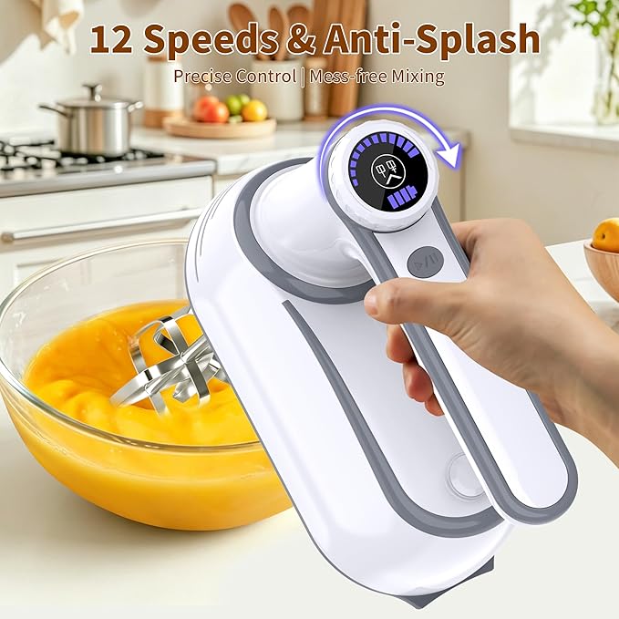 binROC Cordless Electric Hand Mixer, 12-Speed Rechargeable Handheld Mixer with Eject Button, 6 Stainless Steel Attachments, Snap-On Storage Case, LED, Self-Stand for Baking, Cake, Dough, Egg (White)