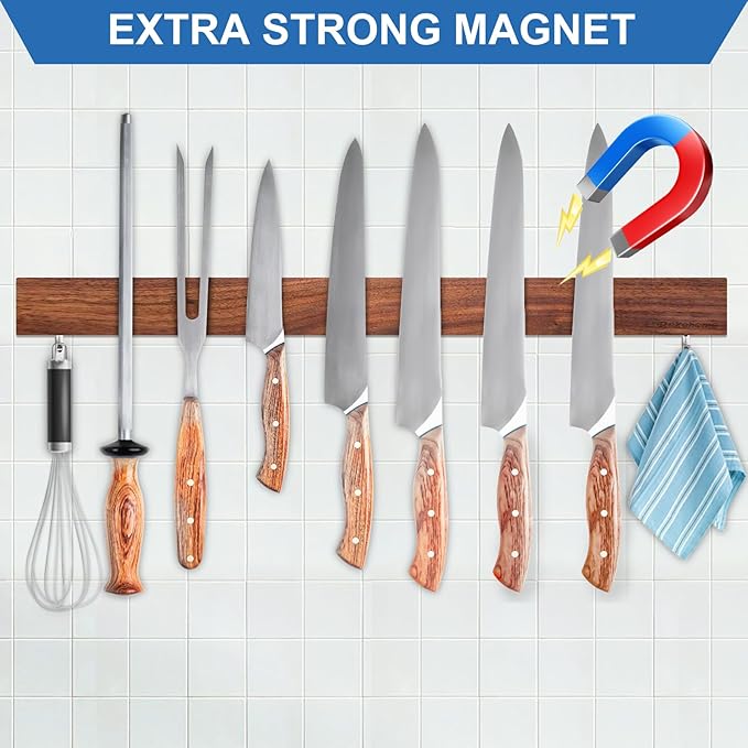 Magnetic Knife Holder for Wall, Magnetic Knife Strip No Drilling 23 Inch, Walnut Wood Magnet knife holder strip with 2 Hooks, Powerful Magnet Knife rack for Kitchen Utensils, Knives