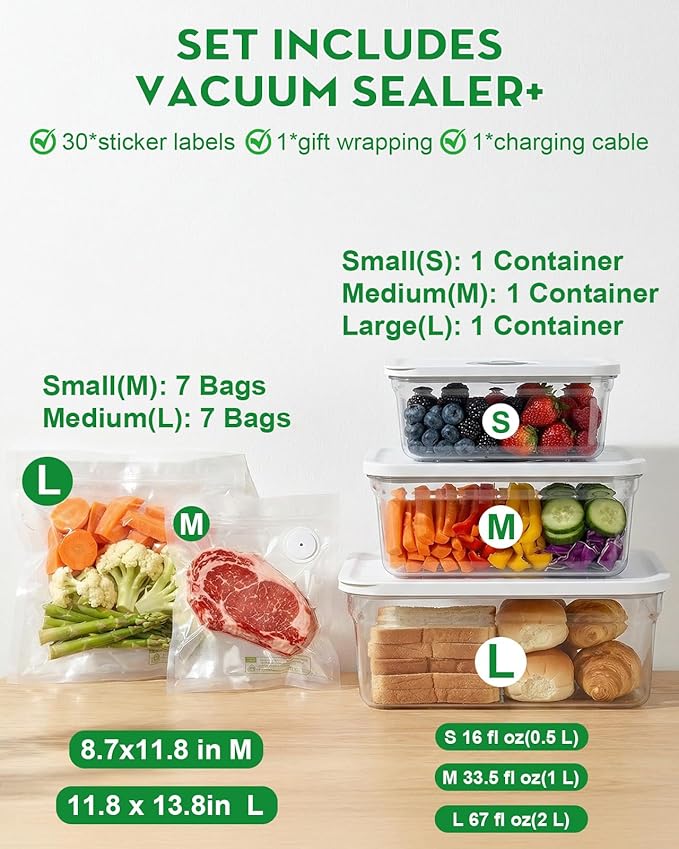 Compact Vacuum Sealer for Food (Vacuum Sealer Machine+3 Vacuum Containers+14 Reusable Vacuum Bags),Powerful Handheld Vacuum Seal Machine,Seal Meal Saver,Portable Food Sealer,Easy-Clean