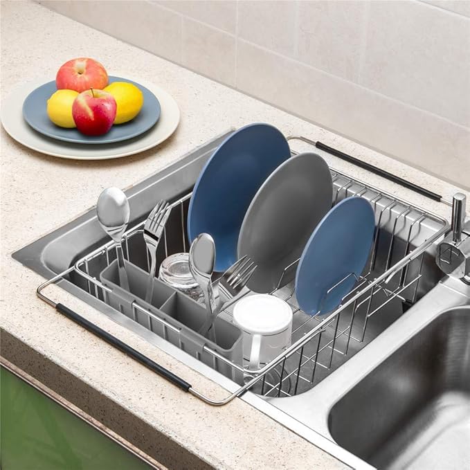 SANNO Pot Lid Organizer Pot Lid Rack Holder Drawer Plate Organizer Expandable Dish Drying Rack Sink Dishes Drainer, Dish Rack with Utensil Silverware Storage Holder