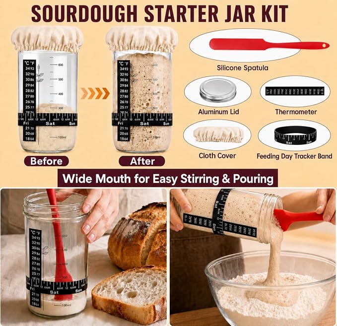 Sourdough Starter Kit - Banneton Proofing Basket 9 Inch Round & 10 Oval, Complete Sourdough Bread Baking Supplies with Starter Jar, Bread Sling, Lame, Danish Dough Whisk, Bags
