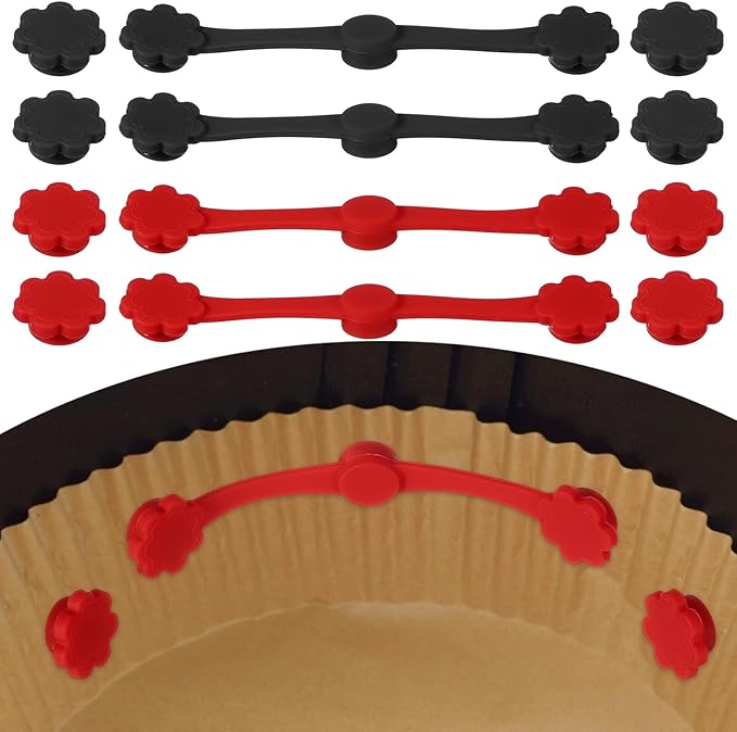 uxcell 4 Set Air Fryer Magnets, Silicone Buckle for Parchment Paper Liners Flower Shape Magnetic Buckle for Lock Paper Prevent Paper Burning, Black/Red