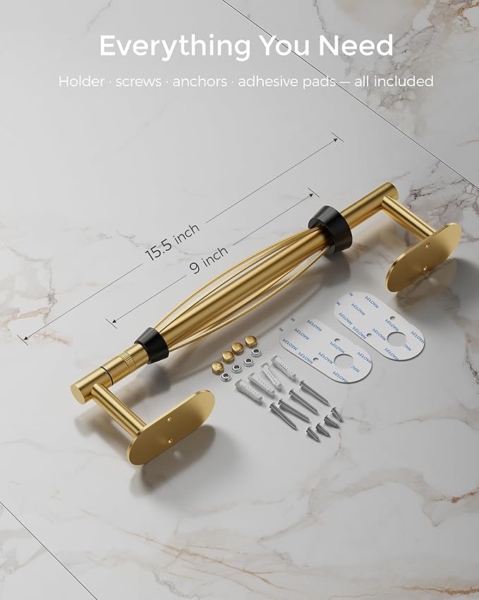 Gold Paper Towel Holder Under Cabinet, Self Adhesive or Wall Mount for Kitchen Bathroom, Stainless Steel Paper Towel Holders with Damping Effect, Single Hand Operable