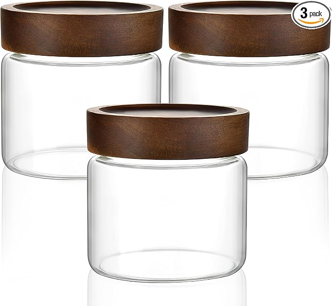 3 Pack 17 fl oz/500ml Clear Glass Storage Canister with Airtight Wooden Screw On Lid, Small Cute Decorative Glass Container Jar Set for Coffee, Candy, Cookie, Condiment, Pepper, Sugar, Oatmeal
