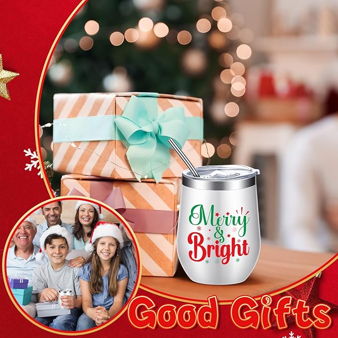 Ziliny 6 Pieces Christmas Wine Tumbler 12 oz Xmas Insulated Stainless Steel Wine Cups with Lid and Straw Funny Coffee Mugs with Brush for Holiday Wedding Party Gifts(Classic Style)