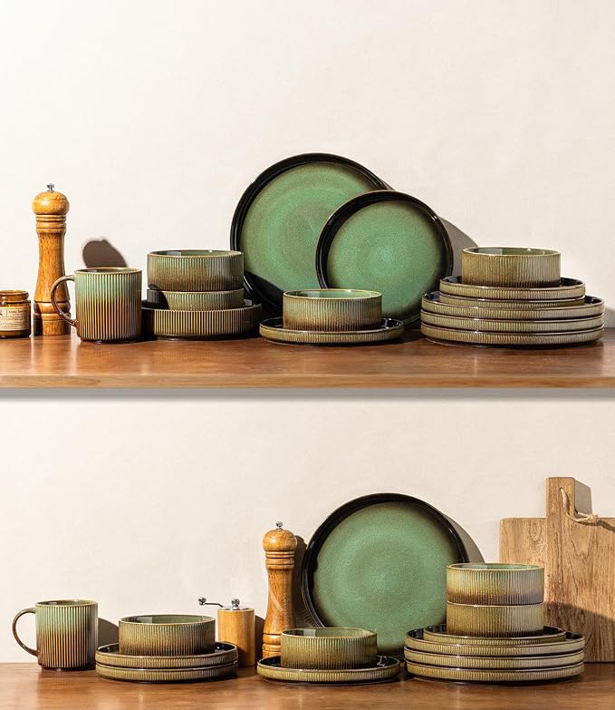 GBHOME 12-Piece Stoneware Dinnerware Set for 4 – Ribbed Ceramic Plates and Bowls, Scratch-Resistant, Microwave & Dishwasher Safe, Reactive Glaze, Rustic Green Gradient