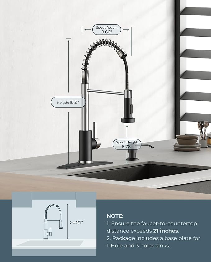 FORIOUS Kitchen Faucet with Pull Down Sprayer, Stainless Steel Commercial Single Handle Classic Spring Pull Out Sink Faucet for Pot Filler, Farmhouse Camper Bar Laundry Room, Black Chrome