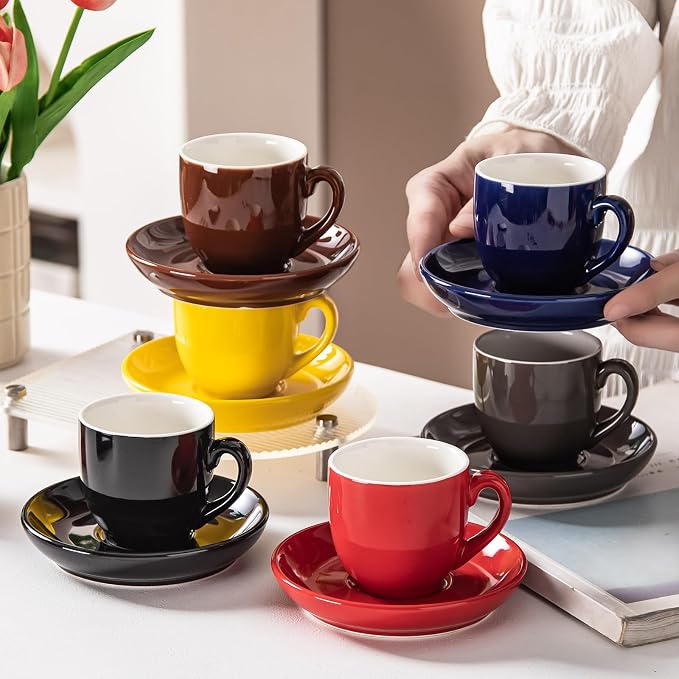 5oz Espresso Cups with Saucers Set, Colorful Coffee Cups Set, Ceramics Tea Cup with Handle, Coffee Mugs Set of 6, Assorted Colors