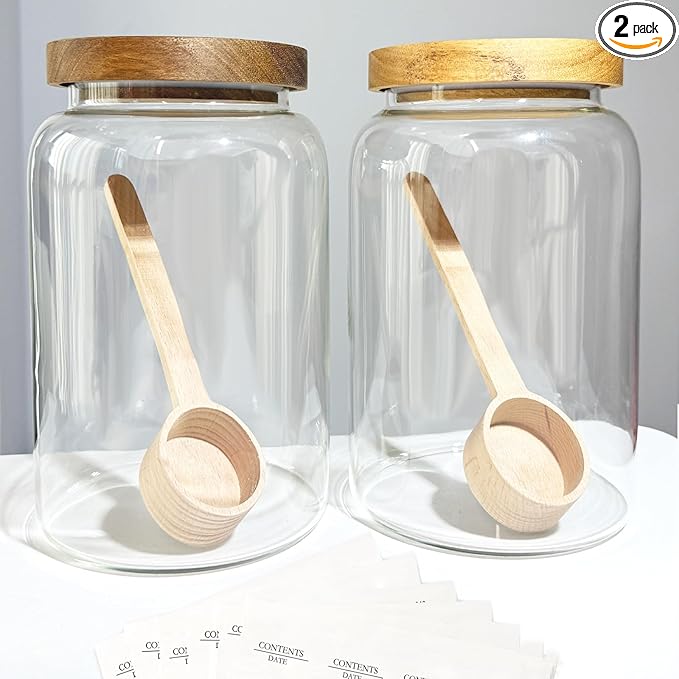 yutrenn Glass Food Storage Jars with Wooden Lids, Flour Glass Jar with 2 Wood Measuring Spoon, Clear Thick Glass Jar Kitchen Containers for Rice, Oats, Grains, 120 Pcs Food Labels (93 Oz, 2750ml)
