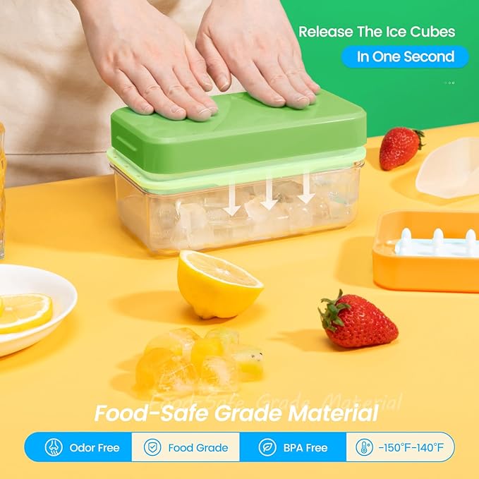 PHINOX Ice Cube Tray With Lid and Bin, Ice Trays for Freezer, Flexible Ice Cube Trays, Making 56 pcs Ice Cubes, Chilling Cocktail, Whiskey, Coffee, with 2 trays, Ice Container, Scoop&Cover, BPA Free