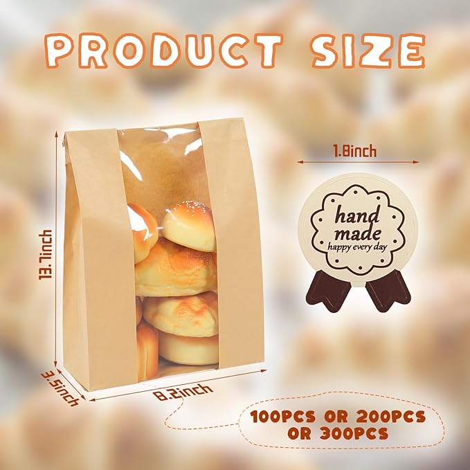 300 Packs Paper Bread Bags for Homemade, Sourdough Bread Bags with Clear Window Includes Label Seal 300 Pcs Stickers, Bakery Packaging Storage for Cookies Snack (13.7x8.2x3.5 inch)