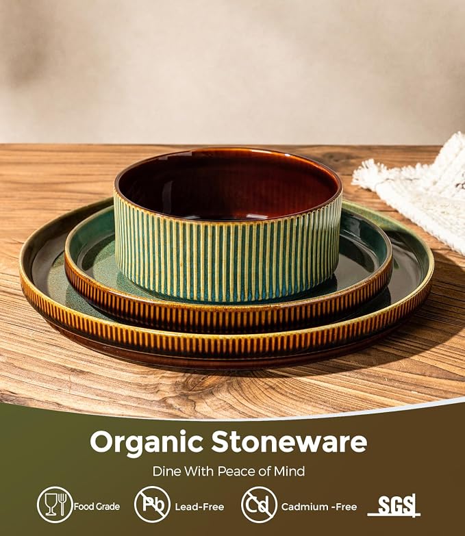 GBHOME Stoneware Dinnerware Sets for 4, 12 Pieces Lightweight Ceramic Ribbed Plates and Bowls Set, Reactive Glaze Stackable Plate Sets,Scratch Resistant Dishes,Microwave & Dishwasher Safe,Maroon Olive