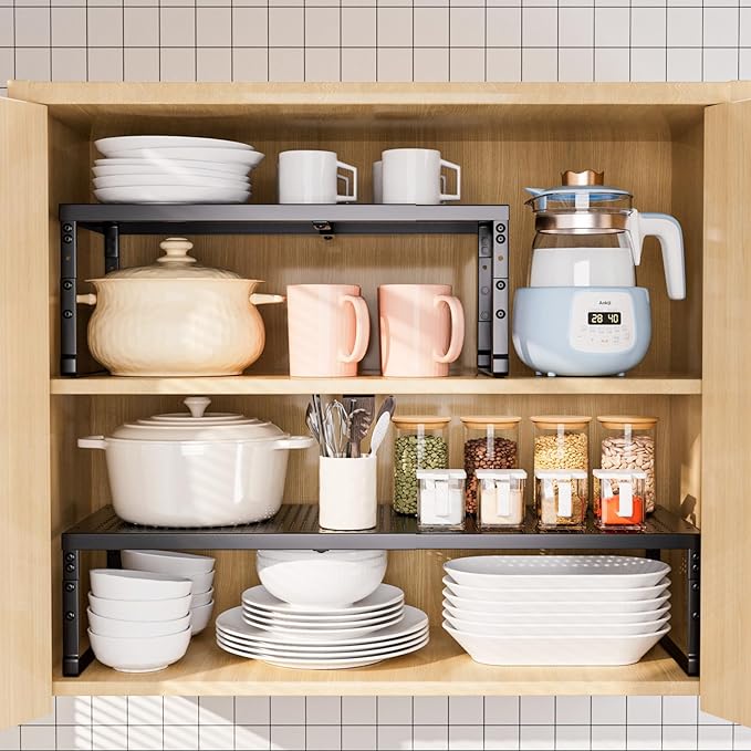 Cabinet Shelf,Expandable Adjustable Stackable Kitchen Organizer,for cabinets, Kitchens, countertops, bathrooms Shelf Organizer(3Packs/Black,Large)