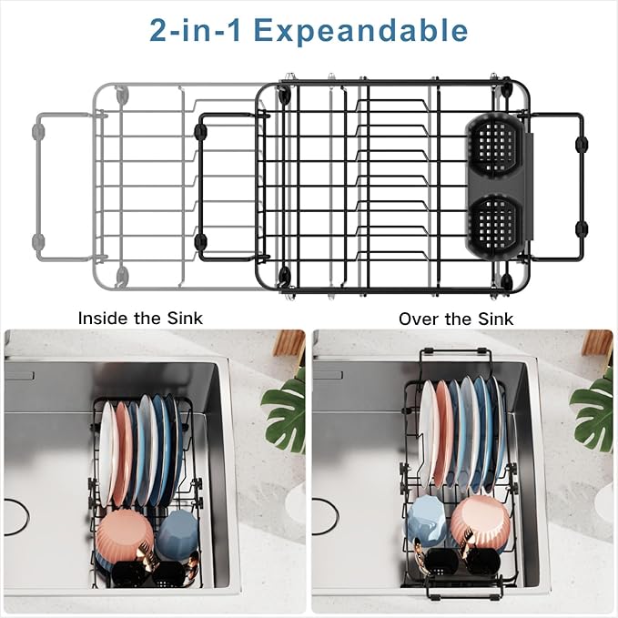 iSPECLE Small Sink Dish Drying Rack, 9.1" W Expandable Compact Rust Resistant Dish Drainer for RV Apartment Kitchen, Dish Rack with Lock Knob, Arms with Non Slip Rubber, Black