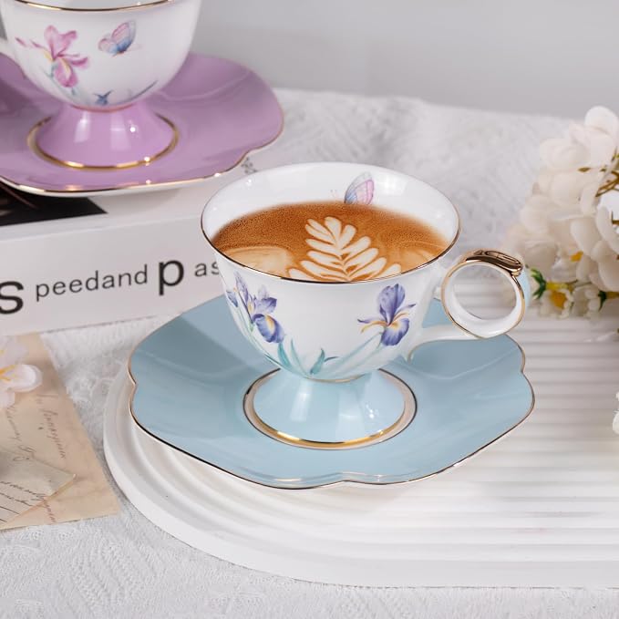 KAMMAK Ceramic Coffee Cups Saucers Set of 2, Porcelain Espresso Cups with Saucers, 8.45 oz Handcrafted Elegant Bone China Tea Cups, Iris Flower & Butterfly Pattern Teacup for Party, Office, Gift
