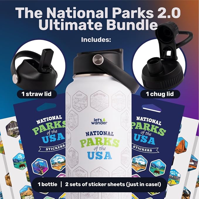 LET'S WANDER National Parks Water Bottle 2.0 Ultimate Bundle | Includes Straw Lid, Chug Lid & 2 Sets of 63 Waterproof Stickers | 32oz Leakproof Insulated Stainless Steel Gift Pack (White)