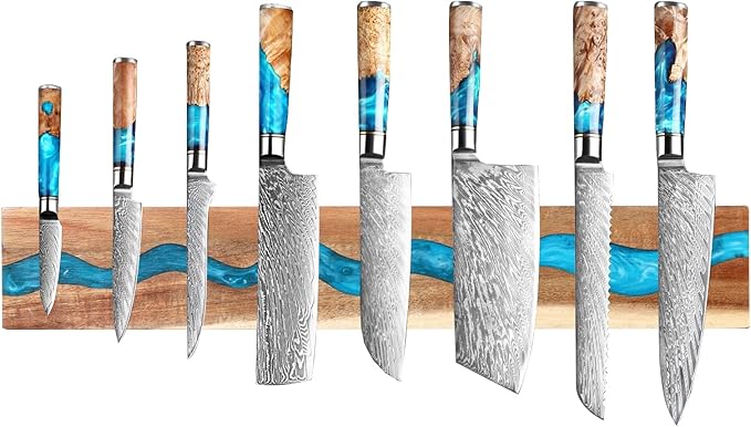 Magnetic Knife Holder, 15.7 Inch Walnut Wood and Resin Magnetic Knife Bar for Wall, Heavy Duty Magnet Holds 8 Knives, Handcrafted Light Blue (Sapphire Dream)