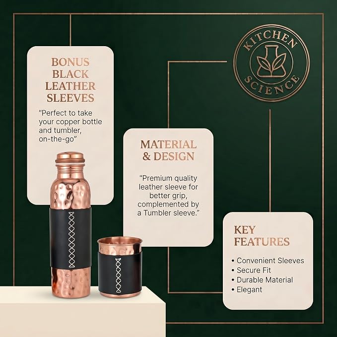 Kitchen Science -Authentic 34oz/1000ml Copper Water Bottle with Tumbler and Leather Sleeves – Leak-Proof, Lab-Tested