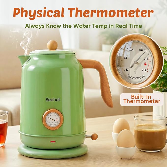 Seehot® Electric Kettle With Thermometer, 1.7L Electric Tea Kettle, 1200W Hot Water Kettle Electric, Auto Shutoff, Boil-Dry Protection, 304 Stainless Steel, Cordless Base,Green