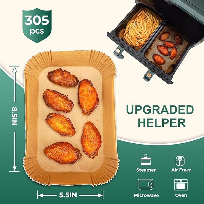 Vailnd Air Fryer Liners Disposable, 305 PCS 8.5x5.5 Inch Rectangle Air Fryer Paper Liners, Heavy-Duty Air Fryer Liners for 8-12 qt Basket, Non-stick & Oil-Proof Parchment Paper for Oven, Pan