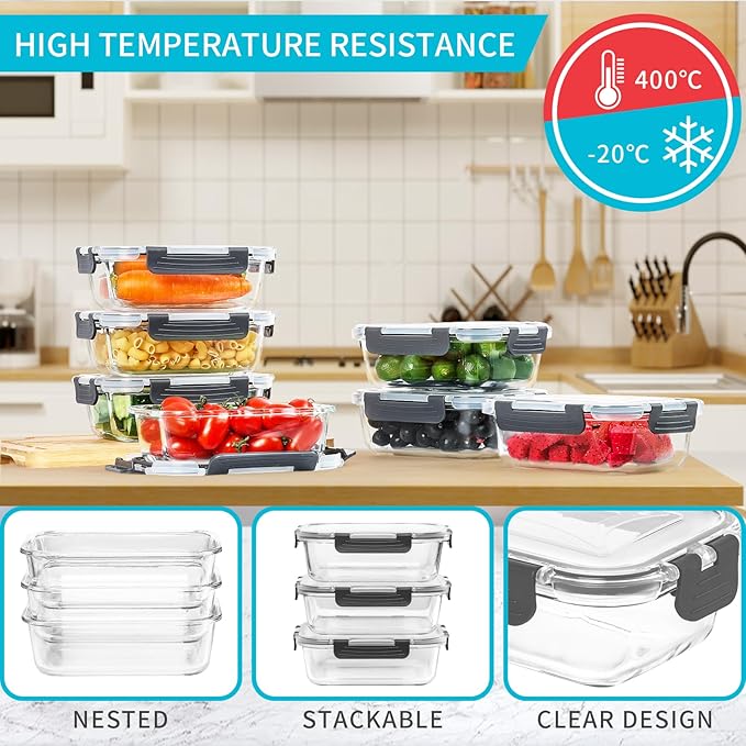 Skroam 10 Pack Glass Meal Prep Containers, 22 OZ Glass Airtight Food Storage Containers with Lids, Pantry Kitchen Storage Containers for Lunch, Food Storage, Meal Prep, Lunch Bento Boxes