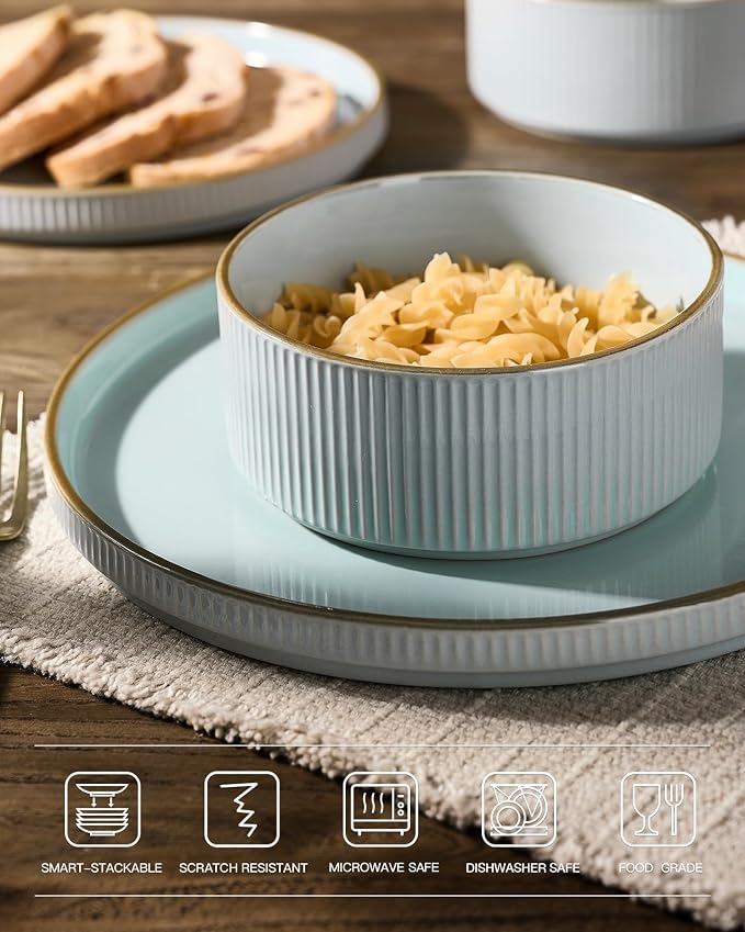 Famiware Star 18-Piece Stoneware Dinnerware Set for 6 – Blue, Ribbed Ceramic Plates and Bowls with Rim – Modern Rustic Dishes, Everyday & Formal – Chip & Scratch Resistant, Microwave & Dishwasher Safe