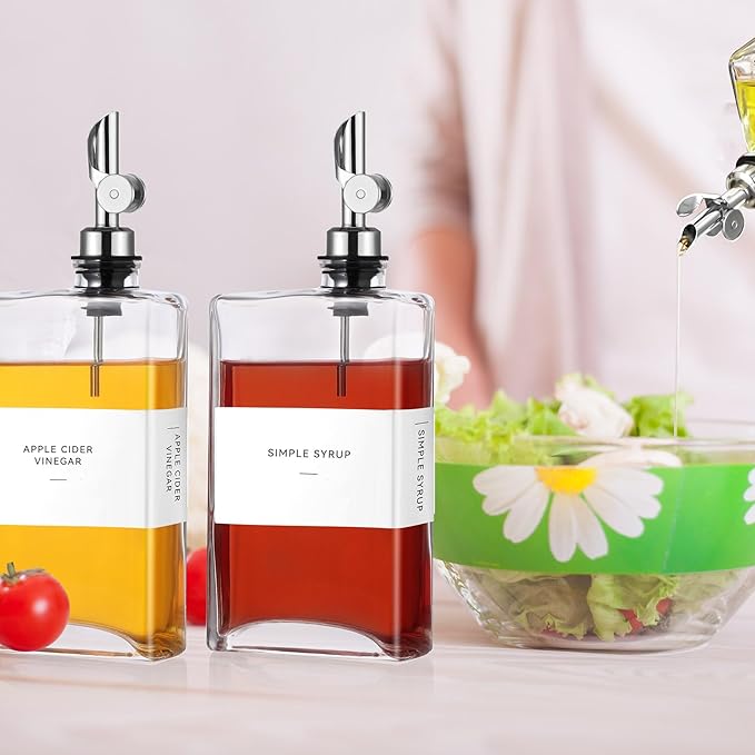 Reallnaive 4 Pcs Olive Oil Dispenser for Kitchen, Glass Olive Bottles Oil Seasoning Bottle Set Coffee Syrup Soy Sauce Dispenser(Silver,350 ml)
