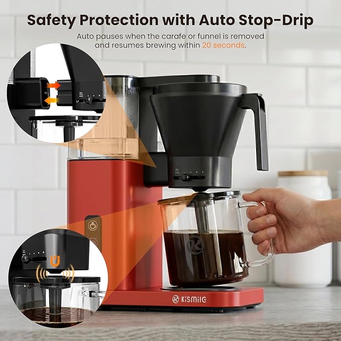 Kismile 8-Cup Coffee Maker, SCA Certified Hot & Cold Brew Coffee Machine, 6-Min Quick Brew, Magnetic Anti-Drip, Keep Warm/Auto-off, Dishwasher Safe, DIY Manual Mode, 44oz Removable Reservoir, Red