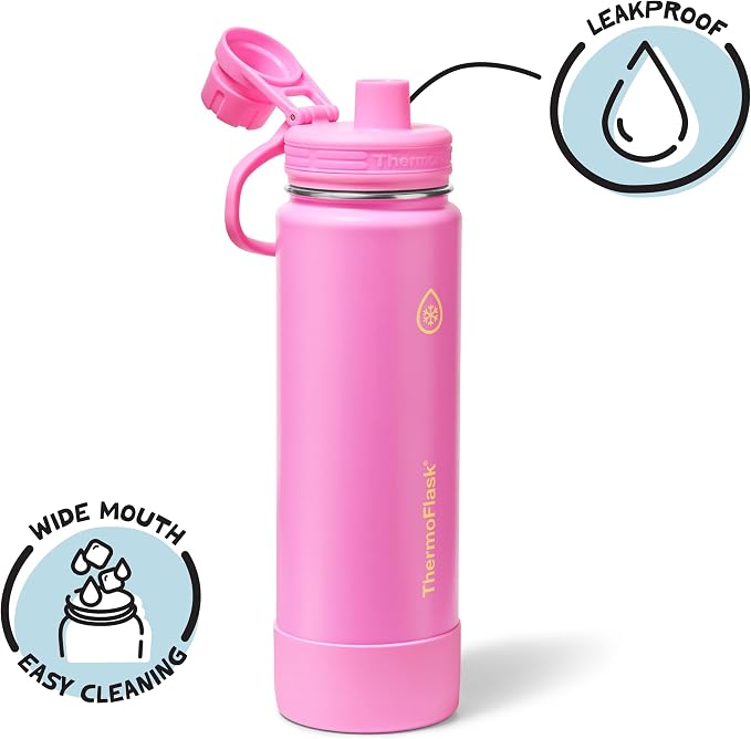 ThermoFlask Insulated Water Bottle with Spout Lid (24 oz, Shocking Pink) - Leakproof, Stainless Steel Water Bottle for Cold & Hot Drinks, Travel & Daily Hydration