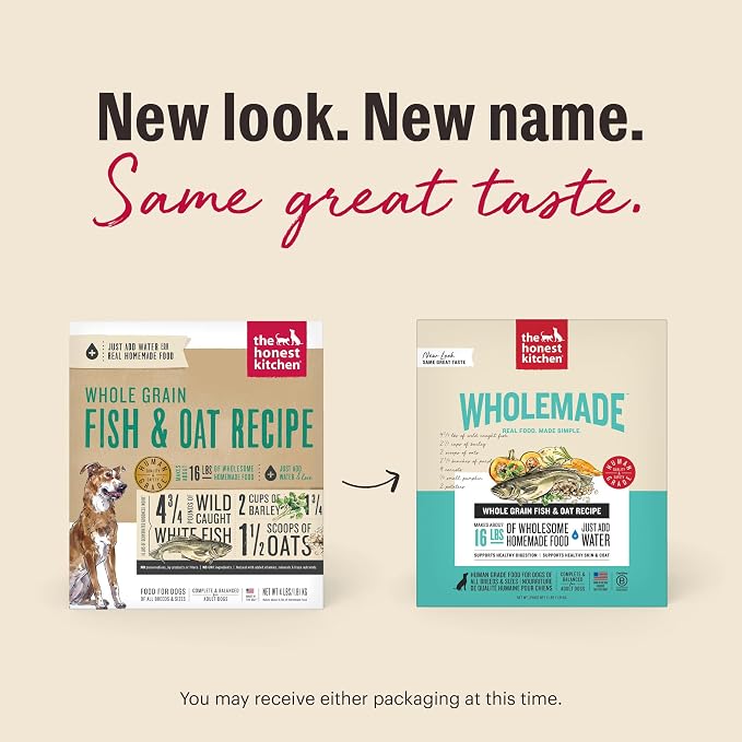 The Honest Kitchen Human Grade Wholemade™ Dehydrated Dog Food, Whole Grain Dog Food, Fish & Oats, 4 lb (Makes 16lbs)
