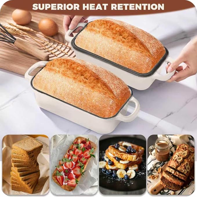 Cast Iron Bread Loaf Pan with Lid, Loaf Pans for Baking Bread 9x5, Enameled Bread Pans for Homemade Bread, Sourdough, Set of 2, Cream