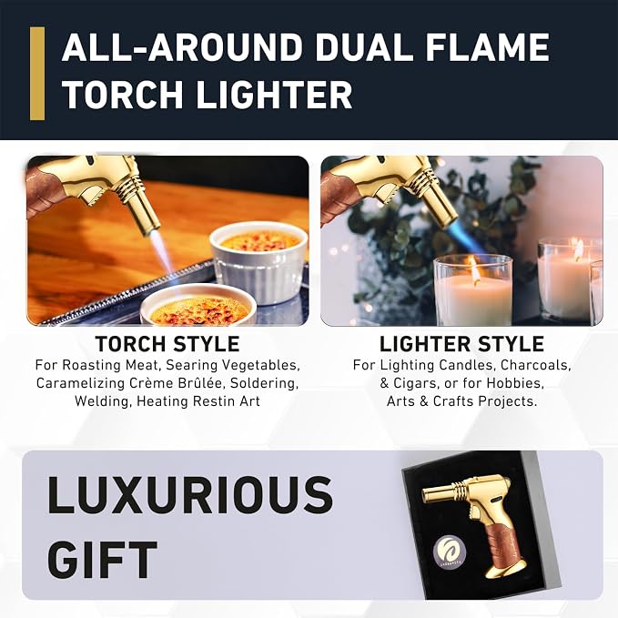 Dual Flame Butane Torch Gun – Refillable Handheld Mini Blow Torch for Cooking, Crème Brûlée, Welding, Soldering, Resin Art – Adjustable Flame & Ignition Lock–Limited Gold Brown by inZaynity®
